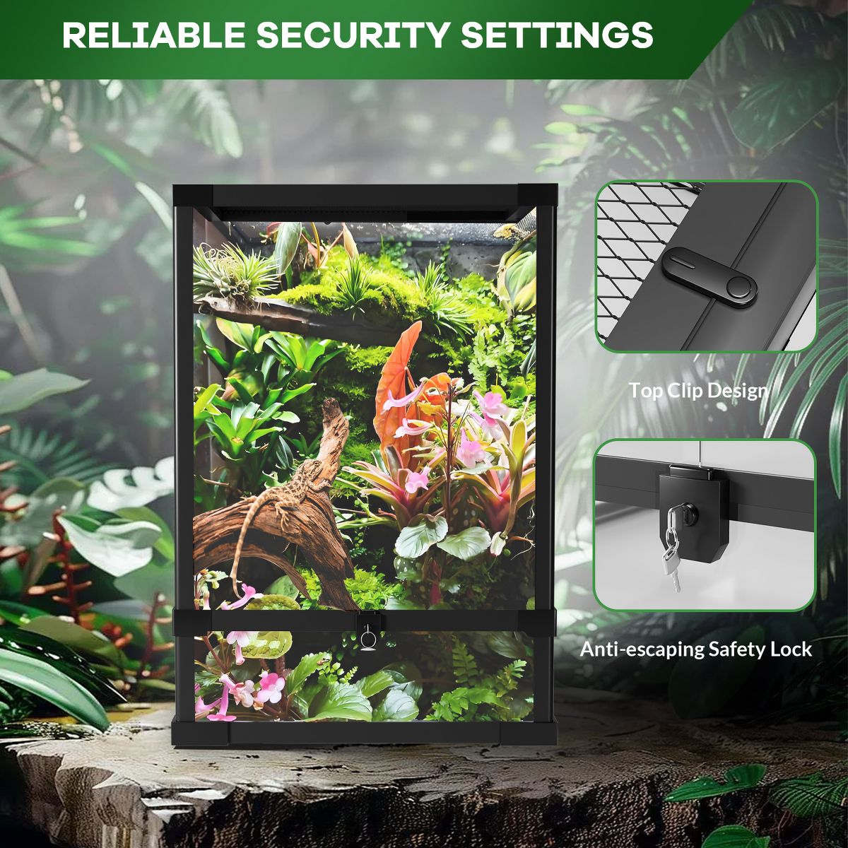 Tall Glass Reptile Terrarium with Mesh Vent Top Double Hinged Lockable Doors Waterproof Anti Escape Base for Lizard Snake Bearded Dragon - thumbnail 4