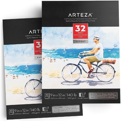 Arteza Watercolor Mixed Media Pad, Heavyweight Cold-Pressed Paper, 9"x12", 32 Sheets - 2 Pack (ARTZ-8365)