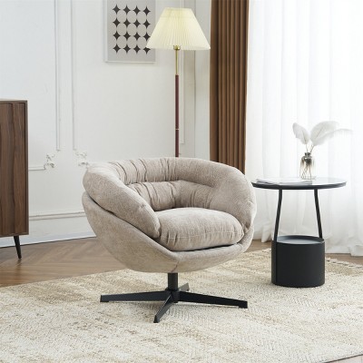 Modern 360° Swivel Office Chair,Chenille Upholstered Lounge Chair With Metal Base,Round Living Room Armless Swivel Chair-Coolbibila