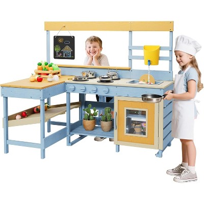 2-In-1 Kids Mud Kitchen & Picnic Table - Outdoor Wooden Playset with Faucet, Chalkboard & Storage (Ages 3+), 42.1" Backyard Center