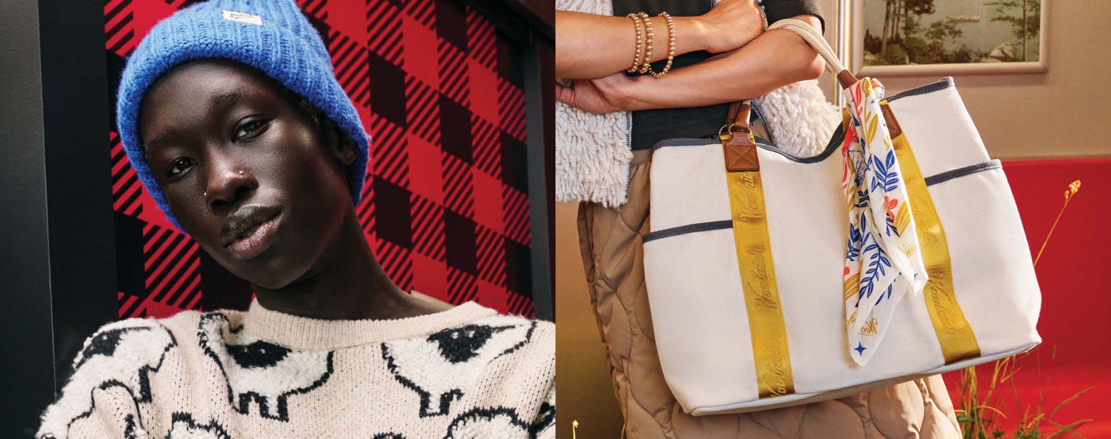 image features a blue knitted beanie and a cream & yellow canvas tote knotted with a floral cotton scarf.
