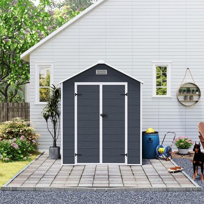 Dark Gray Resin Backyard Storage Shed with Window, Outdoor Plastic Garden Tool Shed, Weatherproof Roof Storage Shed with Large Space-Coolbibila