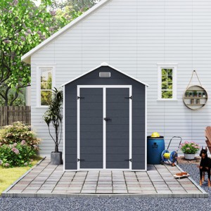 Dark Gray Resin Backyard Storage Shed with Window, Outdoor Plastic Garden Tool Shed, Weatherproof Roof Storage Shed with Large Space-Coolbibila - 1 of 4