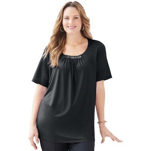 Catherines Women's Plus Size Jeweled Neck Pintuck Top - 1 of 4