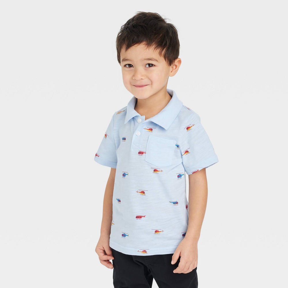 Toddler Boys' Helicopter Print Short Sleeve Knit Polo Shirt - Cat & Jack™ Light Blue 2T