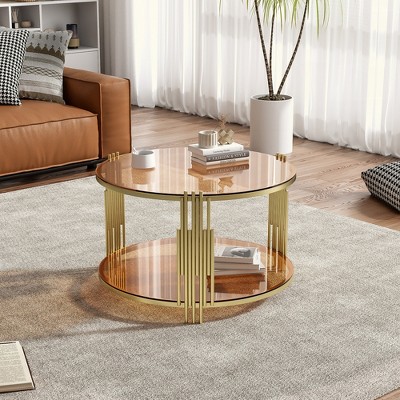 KIGFTSOD Modern Brown Glass Coffee Table, Asymmetrical Metal, Circular Metal Drum Base, Gold Finish & Lower Shelf