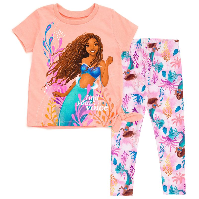 Disney Frozen Princess Moana Little Mermaid Floral Girls T-Shirt and Leggings Outfit Set Toddler to Big Kid, 1 of 8
