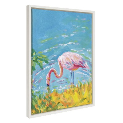 Summer Sip Flamingo Print on Canvas with White Frame