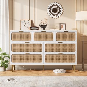 Rattan 7 Drawer Dresser for Bedroom, 53.9"W Wooden Chest of Drawers with Metal Handles, Dresser TV Stand, Clothes Storage Organizer for Bedroom, - 1 of 4