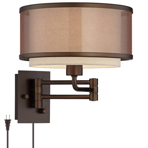 Franklin Iron Works Easley Swing Arm Wall Light Plug-in Bronze Sconce Fabric Drum Shade for Bedroom Living Room Reading