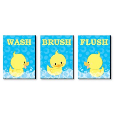  Big Dot of Happiness Ducky Duck - Kids Bathroom Rules Wall Art - 7.5 x 10 inches - Set of 3 Signs - Wash, Brush, Flush 