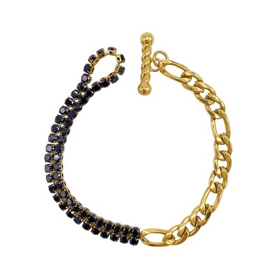 Adornia Tarnish Resistant 14k Gold Plated Half and Half Figaro and Black  Crystal Toggle Bracelet