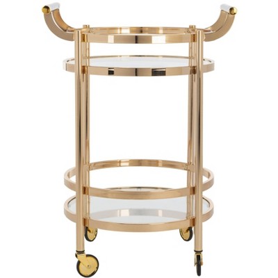 Transitional 24" Gold Metal and Glass Round Bar Cart with Wine Storage