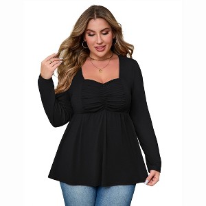 Coolmee Women's Plus Size Babydoll Blouses Sweetheart Neckline Long Sleeve Ruffle Peplum Smocked Cute Casual Fall Tops - 1 of 4