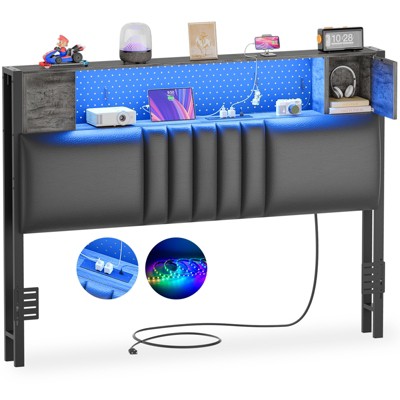 Aheaplus Upholstered Headboard with Storage Shelf and Small Cabinet, Headboard Power Outlet and LED Light