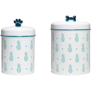 Amici Pet Pineapple White/Green Metal Treats Canisters, 2 Size Set, Pet Food Storage Containers,64 & 140 oz.