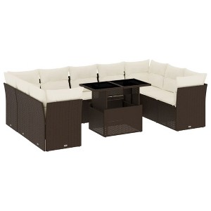 vidaXL 10 Piece Patio Sofa Set with Cushions Brown Poly Rattan - Brown and Cream without storage - 1 of 4