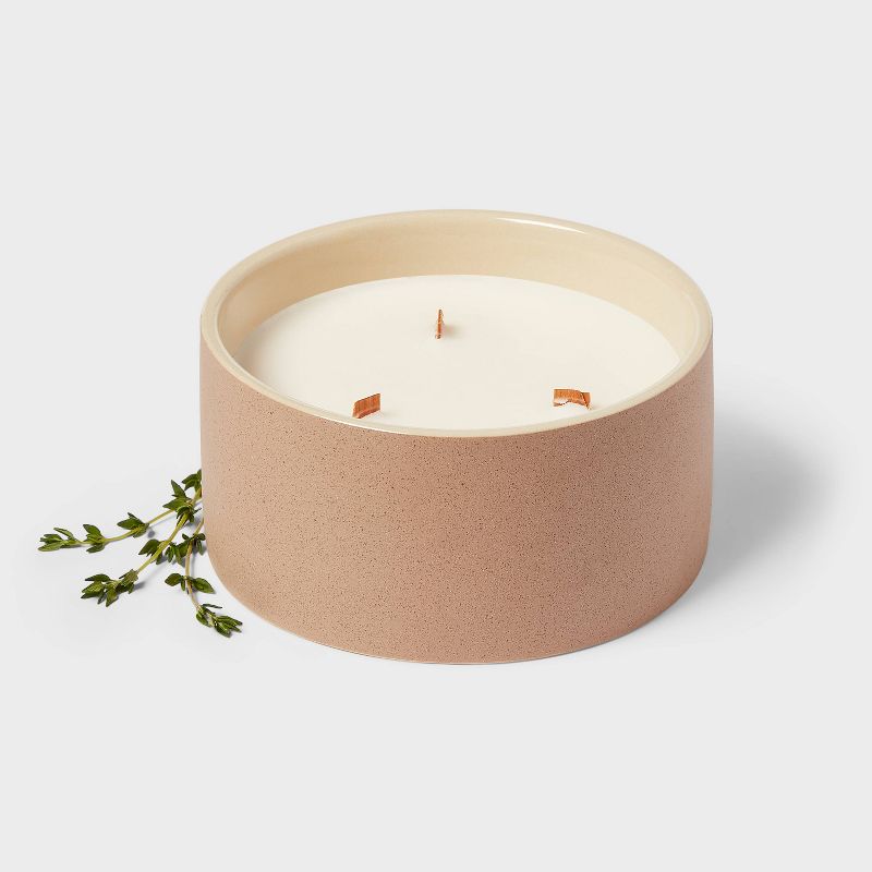 3 Wick 14oz Matte Textured Ceramic Wooden Wick Candle&#160; Brown / White Sage &#38; Thyme - Threshold&#8482;, 4 of 5