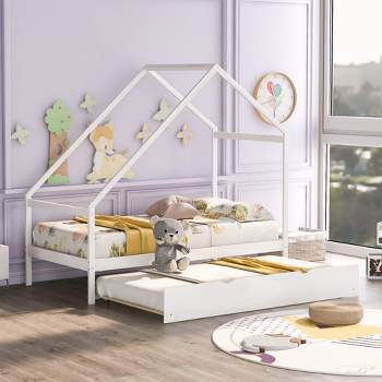 Full/Twin Size Wooden House Bed (with a Twin Size Trundle Bed), White/Gray/Natural, 4A -ModernLuxe
