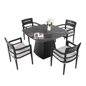 Aluminum Outdoor Dining Table Set for 4, Rounded Square Sintered Stone Table and 4 Armchairs with Sunbrella Cushions - Koiai - 1 of 4
