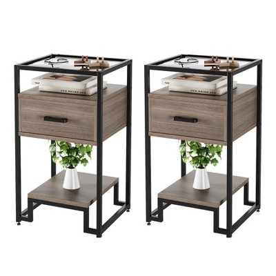 Nightstand Set of 2, Side Table with Drawer, Bedside Table with Open Shelves