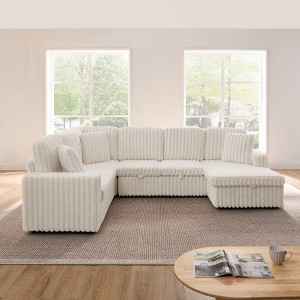 GDFStudio Ilya 6-Seater Modern U-Shaped Corduroy Upholstered Striped Sofa with Pull-Out Bed and Storage Chaise - 1 of 4
