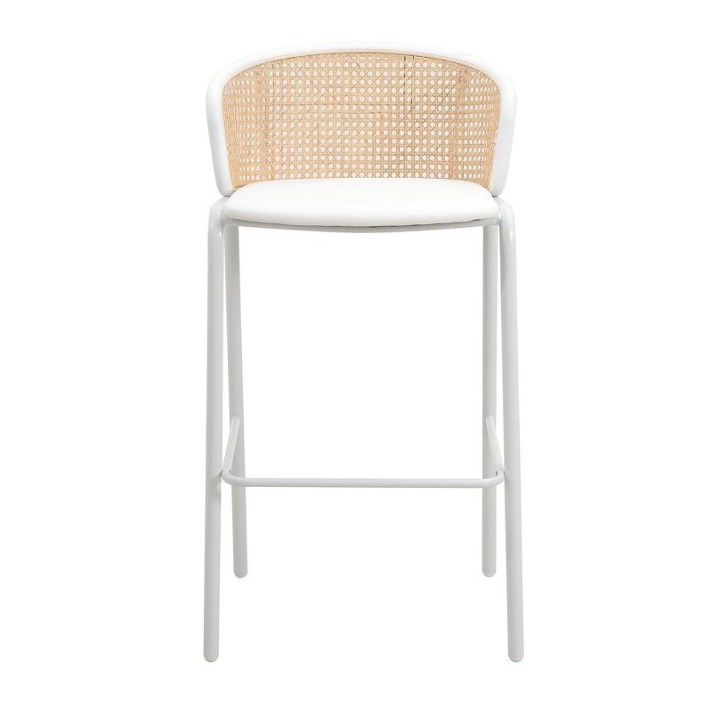 LeisureMod Ervilla Wicker Bar Stool with Fabric Seat and White Steel Frame, 2 of 4