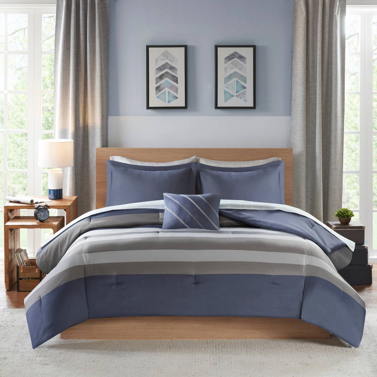 Постельное бельё Intelligent Design Eddie Full 8pc Complete Bed Set, Including Sheets Blue/Gray: Microfiber, Hypoallergenic, Oeko-Tex Certified, цвет: Синий — фото 3