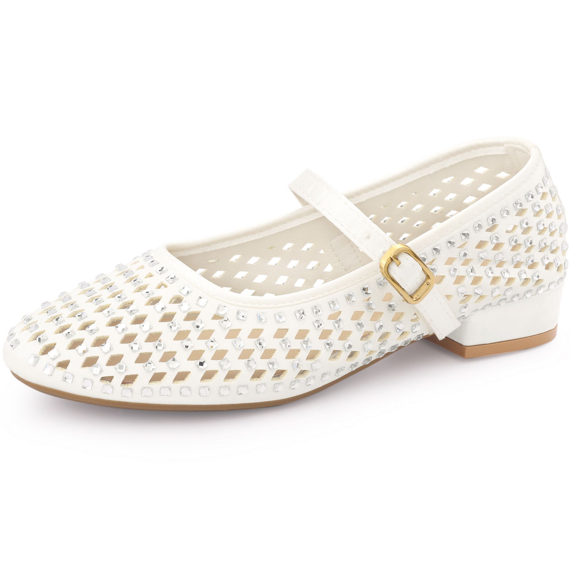 BLISSFUL STEP Women's Rhinestone Round Toe Hollow Low Block Heels Pumps