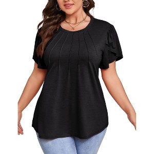 Womens Plus Size Tops Short Sleeve Casual Summer Square Neck Pleated Loose Fit Flowy Eyelet T Shirts Blouse - 1 of 4