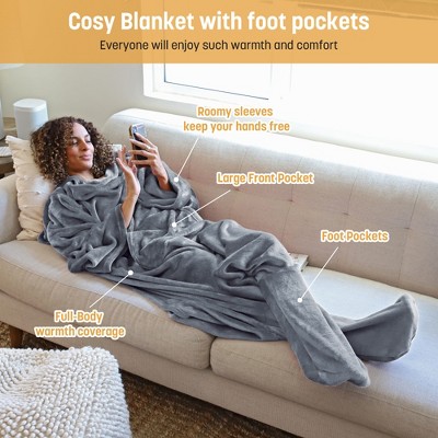 Gray Fleece Wearable Blanket with Sleeves and Foot Pockets