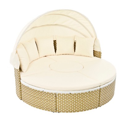 Round Tanning Bed PE Rattan Patio Daybed, Convertible Outdoor Sofa with Retractable Canopy and Removable Cushions – Maison Boucle