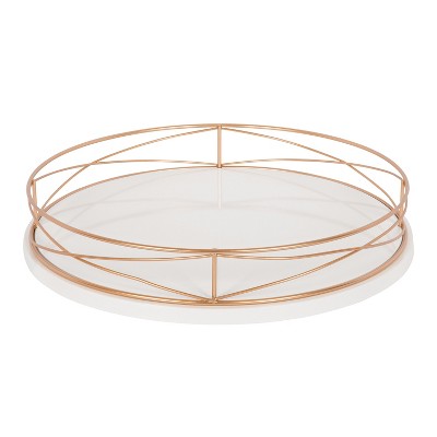 White and Rose Gold 14" Round MDF Tray with Metal Rim