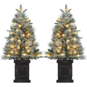 3ft Artificial Christmas Tree w/ Warm White Led Lights, Pre-Lit Christmas Tree w/Snowflakes and Red Berries, Christmas Tree with Base - 1 of 4