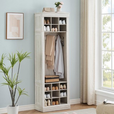 Garvee Shoe Cabinet, Entryway Shoe Storage Cabinet with Coat Rack, 15 Cubbies and 5 Hooks, Freestanding Tall Shoe Organizer Cabinet for Hallway, Gray