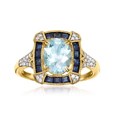 Ross-Simons 1.50 Carat Aquamarine and .70 ct. t.w. Sapphire Ring With .12 ct. t.w. Diamonds in 14kt Yellow Gold