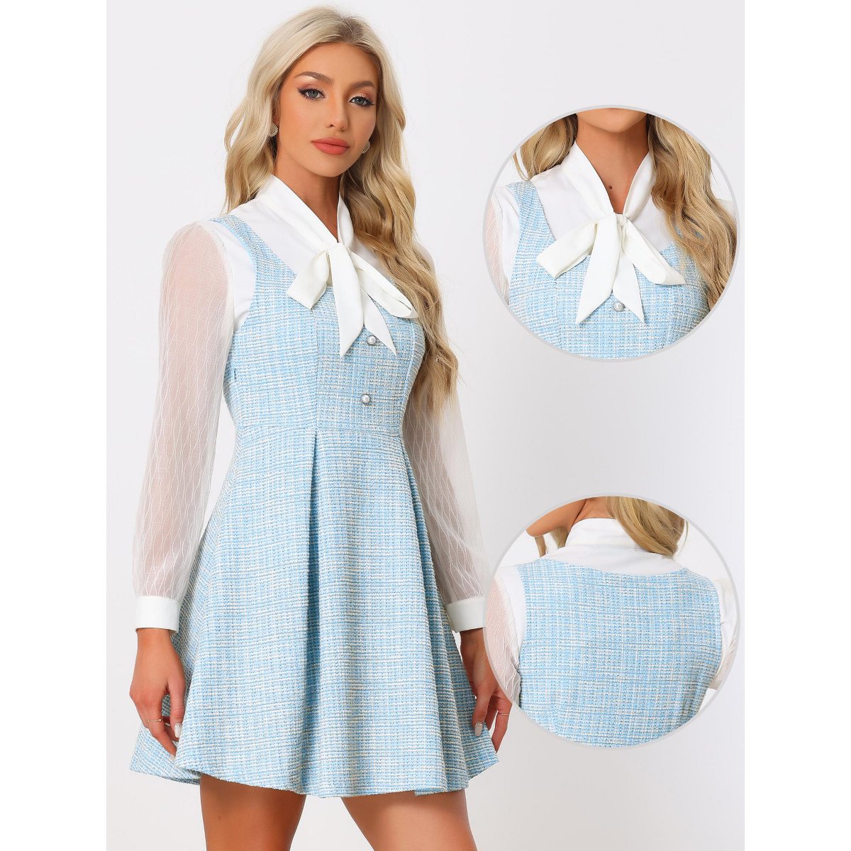 Женские платья INSPIRE CHIC Women's Sleeveless Square Neck Plaid Fit and Flare Tweed Dresses Small Light Blue — фото 2