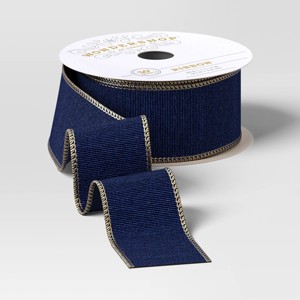 30' Christmas Fabric Ribbon Navy Faux Linen Gold Glitter Edge - Wondershop™ - 1 of 3
