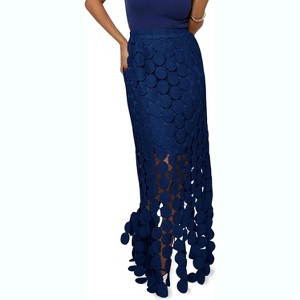 Women's Summer Boho Skirt: High Waisted Long Maxi Skirt with Elegant Hollow Out and Fringe Hem Navy Blue - 1 of 4