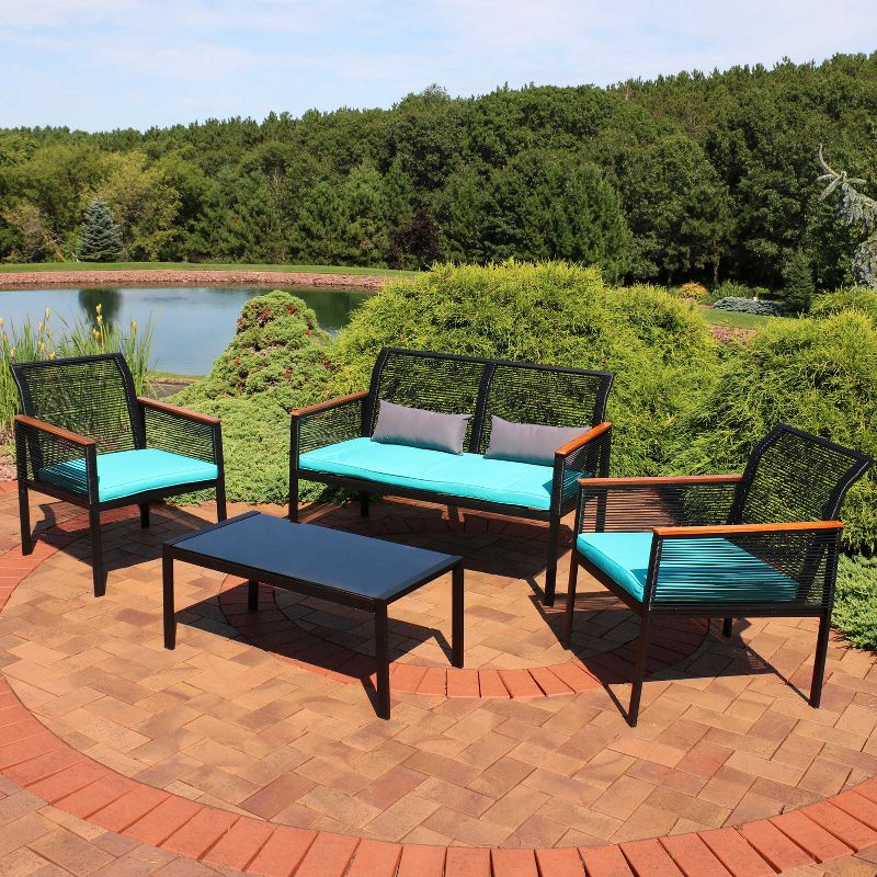 Sunnydaze Outdoor Rattan Coachford Patio Conversation Furniture Set with Loveseat, Chairs, Seat Cushions, and Coffee Table - 4pc, 3 of 13
