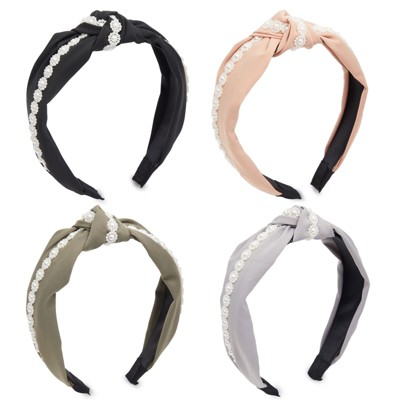 Glamlily 4 Pack Knot Headbands with Pearls, Fashion Headbands for Women and Girls (4 Colors)