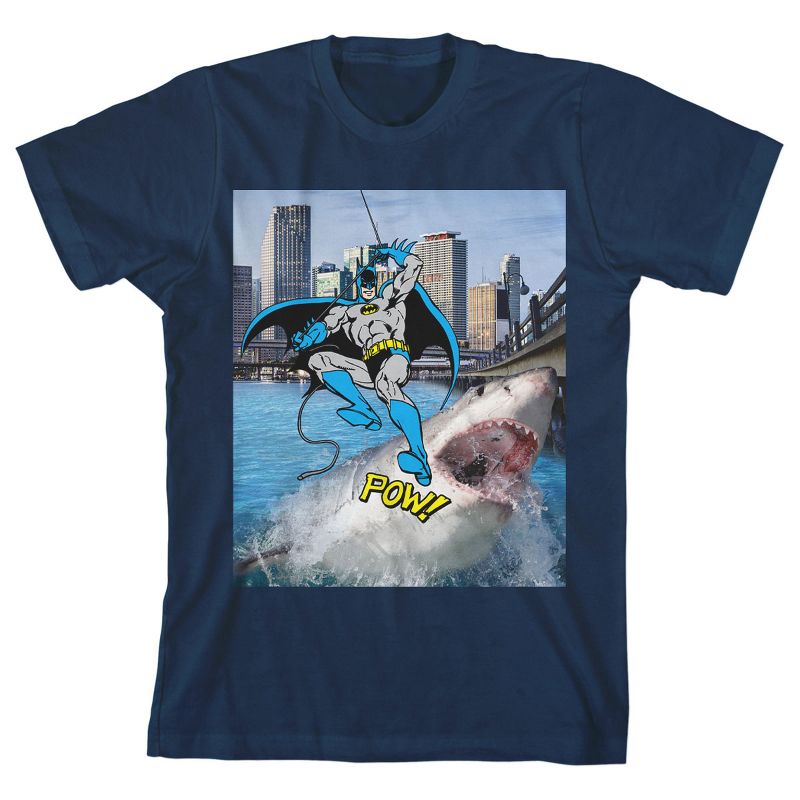 Batman Kicking Shark's Face Youth Navy Blue Graphic Tee, 1 of 3