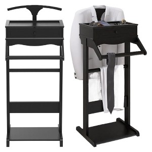 QingMoon Wooden Valet Stand, Vertical Clothing Organizer, Freestanding Suit Stand with Storage Drawer and Shoe Rack for Living Room and Bedroom - 1 of 4
