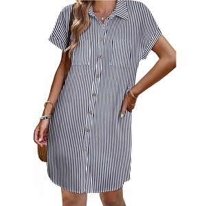 Womens Summer Casual Button Down Short Sleeve Shirt Dress V Neck Linen Loose Tunic Mini Dresses - 1 of 4