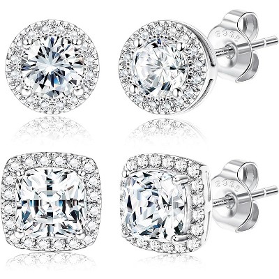 Hayoso 18K Gold Plated Halo Stud Earrings 925 Sterling Silver Cubic Zirconia Stud Earrings Round Square Diamonique Stud