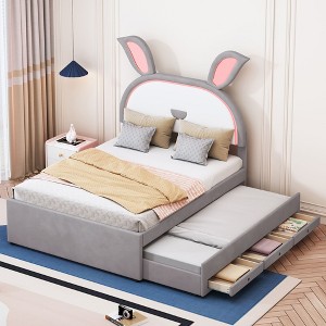 CAVINAS Full Bed Frames for Kids, Bed Frame with Rabbit-Shaped Headboard, Upholstered Platform, Trundle and 3 Drawers, Embedded LED Lights, Gray - 1 of 4