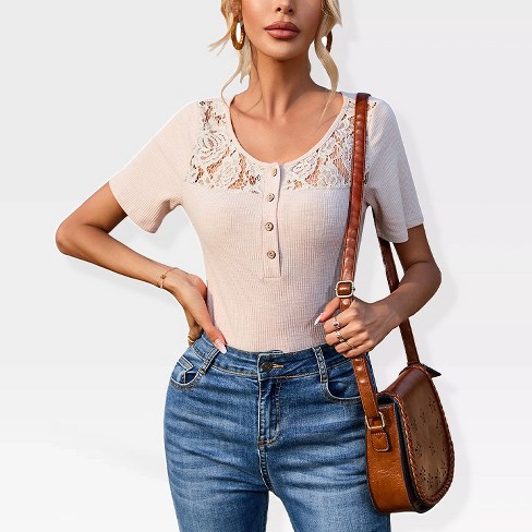 Womens Lace Hollow Tunic Tops Short Sleeve Ribbed Knit Elegant Retro Design T-Shirts Scoop Neck Front Button Neckline Tops - image 1 of 4