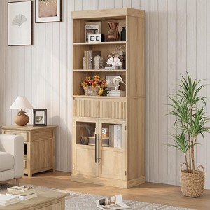 70" Storage Cabinet, Tall Kitchen Pantry with Drawer & Glass Doors, Freestanding Bookcase with Open Shelves and Fluted Drawer, for Living Room - 1 of 4