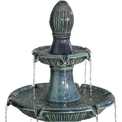 Teal Blue Ceramic 3-Tier Outdoor Floor Water Fountain with LED Light