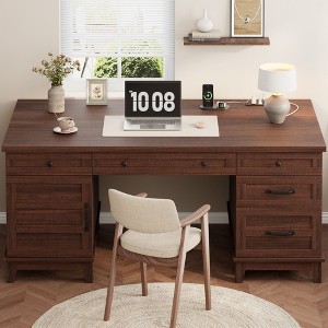60" Executive Desk with Power Outlet, Home Office Desk with Drawers, Wooden Work Desk with File Cabinet, Computer Desk for Work, Study, Writing - 1 of 4